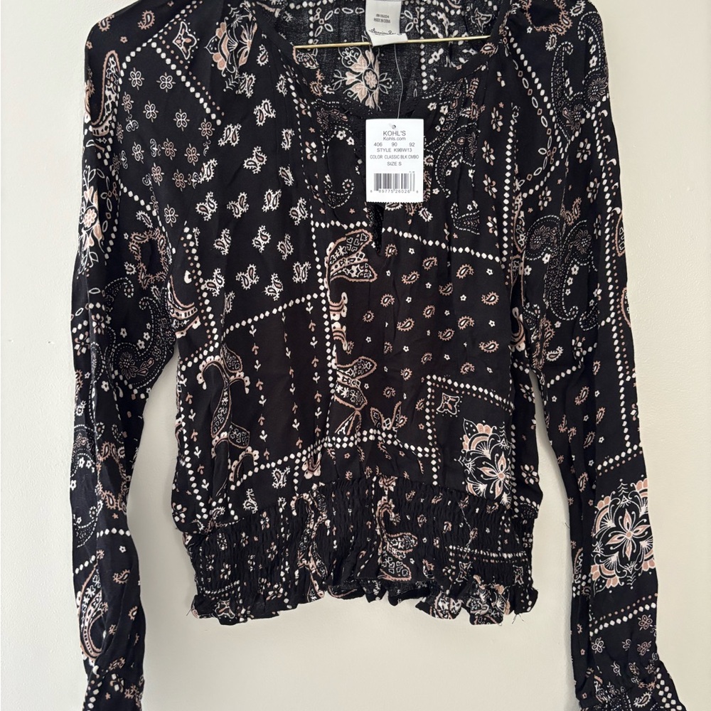 Black and Cream Patterned & Cinched Blouse